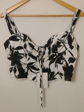 Black & White Floral Lace-Trim Crop Top with Front Tie